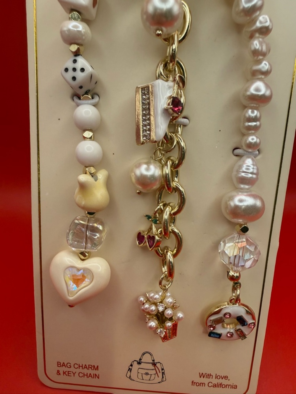 T.J.Maxx Donut Cake Croissant Cherry Dice & Gold Beaded Keychain Charm - Picture 3 of 4